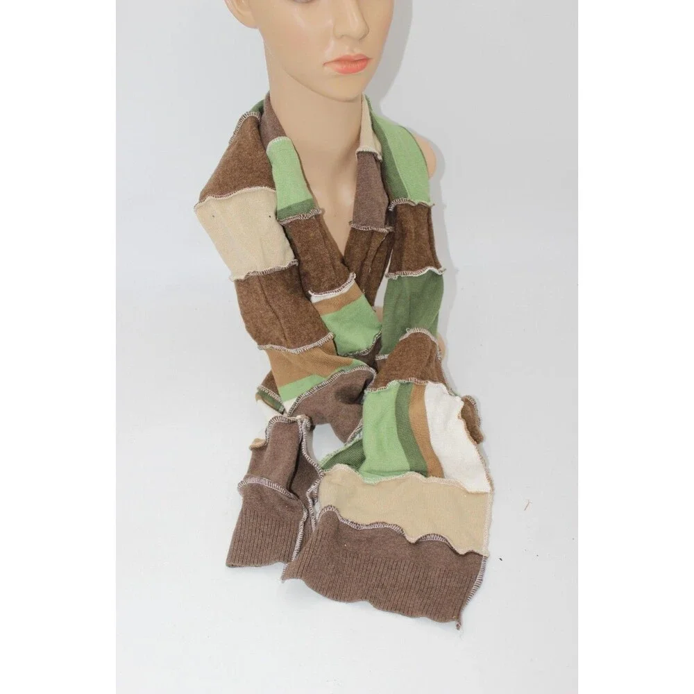 Scarf Upcycled Green Brown Whit Sweaters Winter Wedding ~8 ft Long Handmade Boho